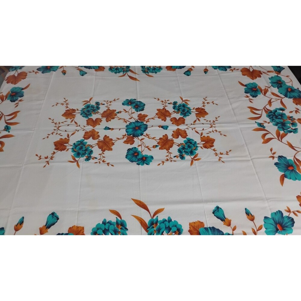 Vtg Mid Century Tropical Cotton Tablecloth 57 X 66 Hollywood Regency Blue White